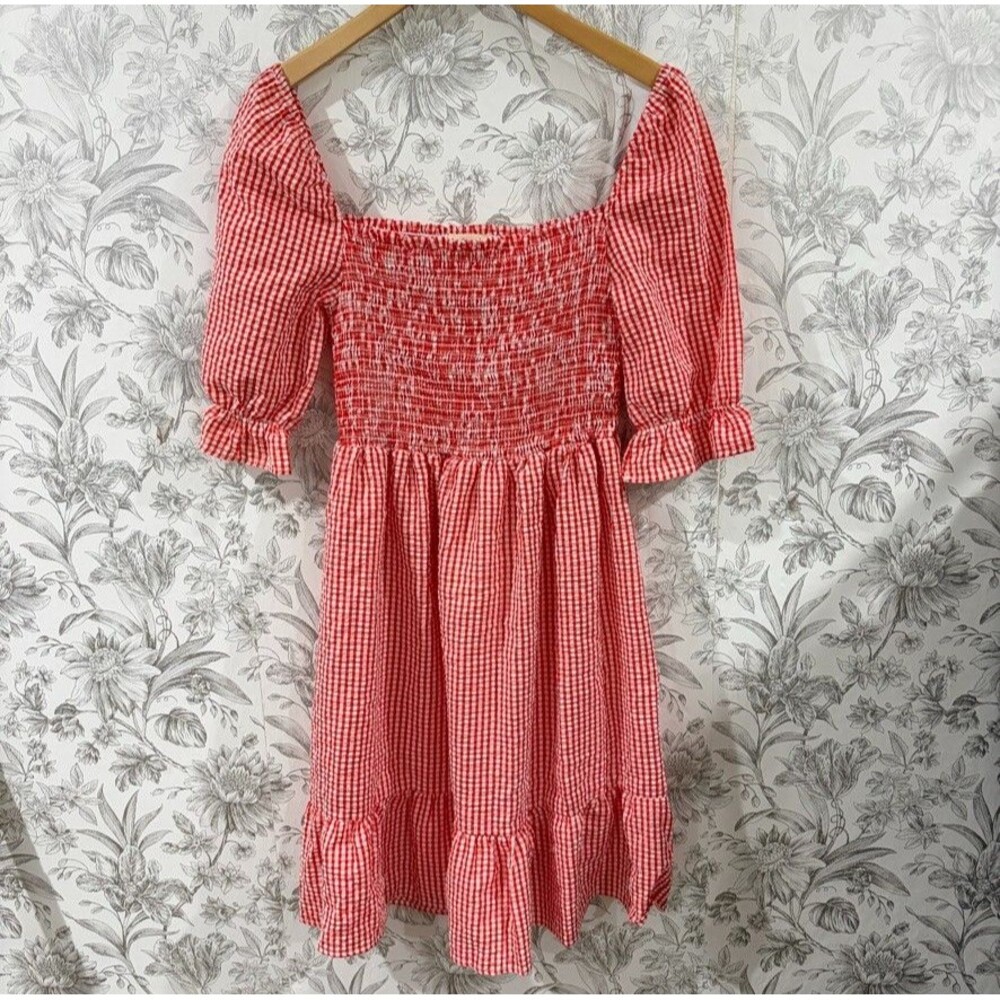 If She Loves Dress Red White Gingham Coquette Puff Ruffle Sleeve Smocked Check L